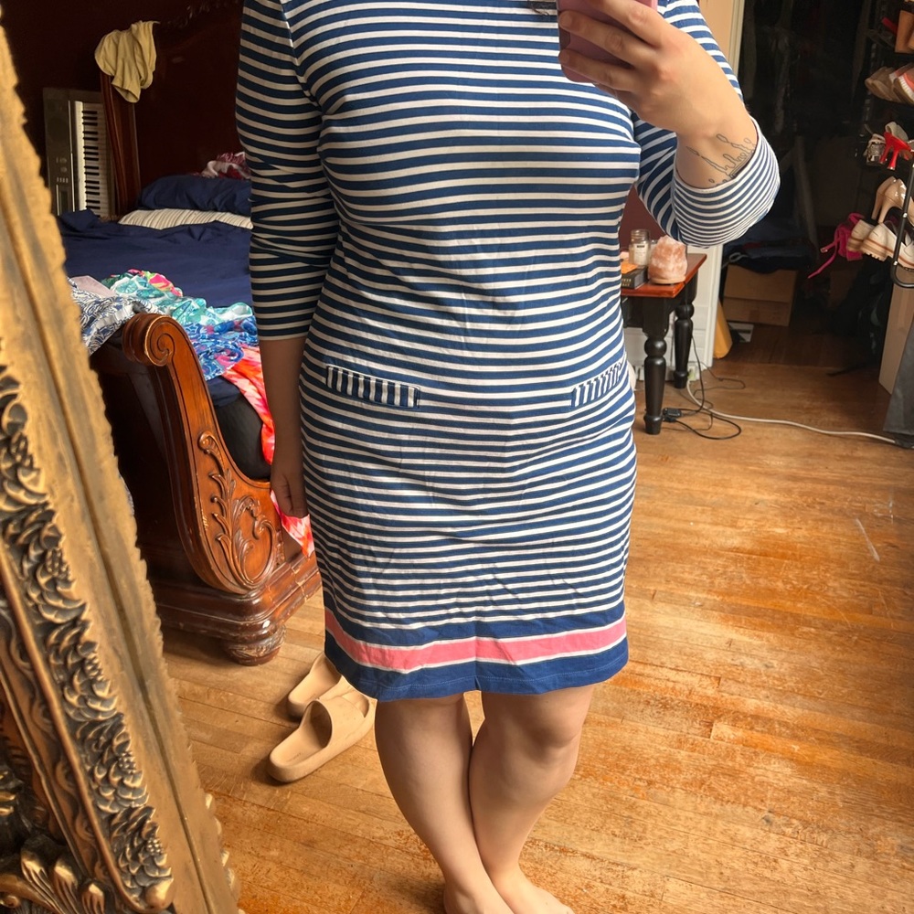 Lilly Pulitzer Irina Guava Melon Exotic Garden Striped Dress Sz L EUC